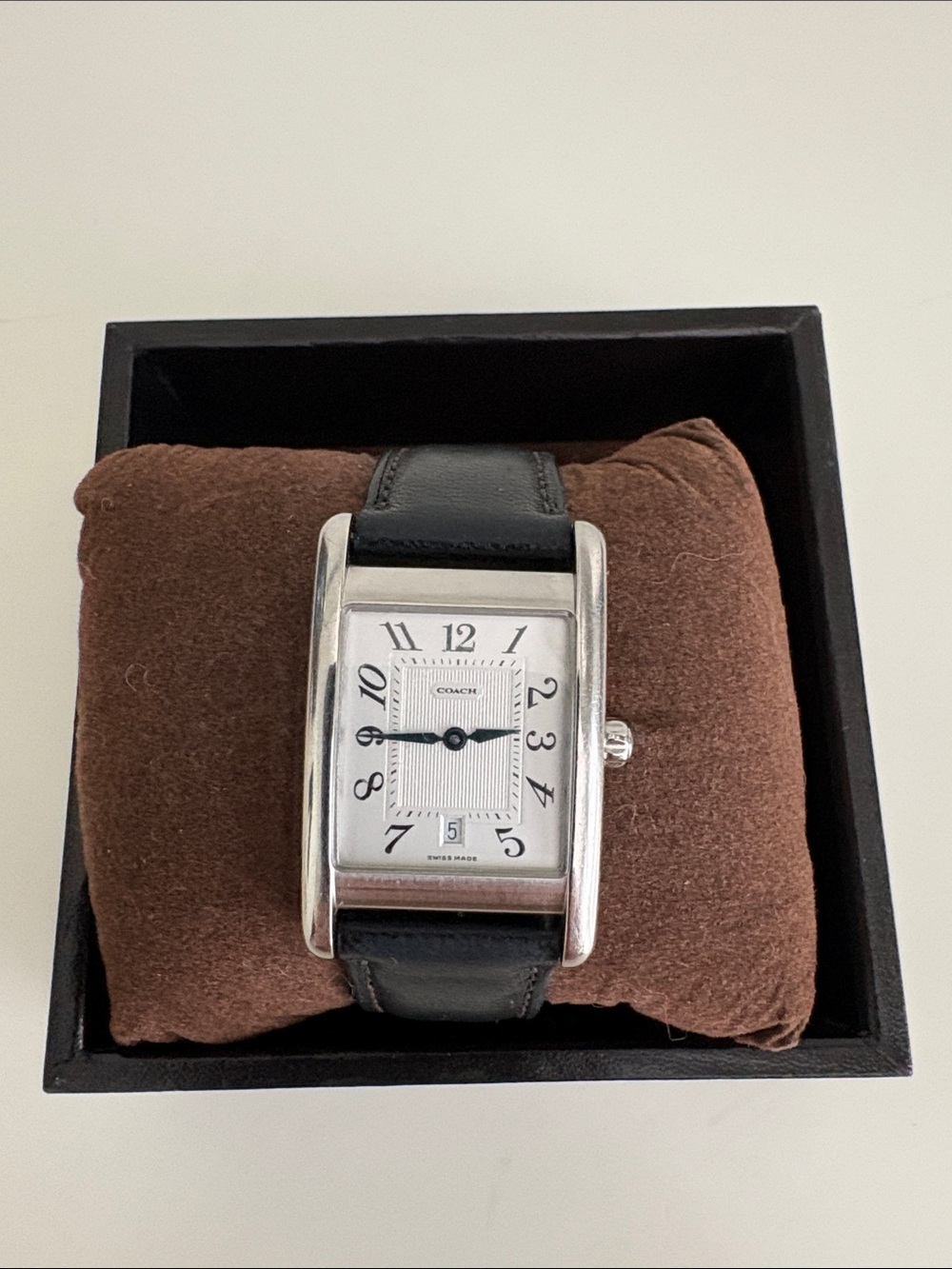 Coach W502B Swiss Quartz Watch – Black Leather Strap | Classic Rectangle Watch